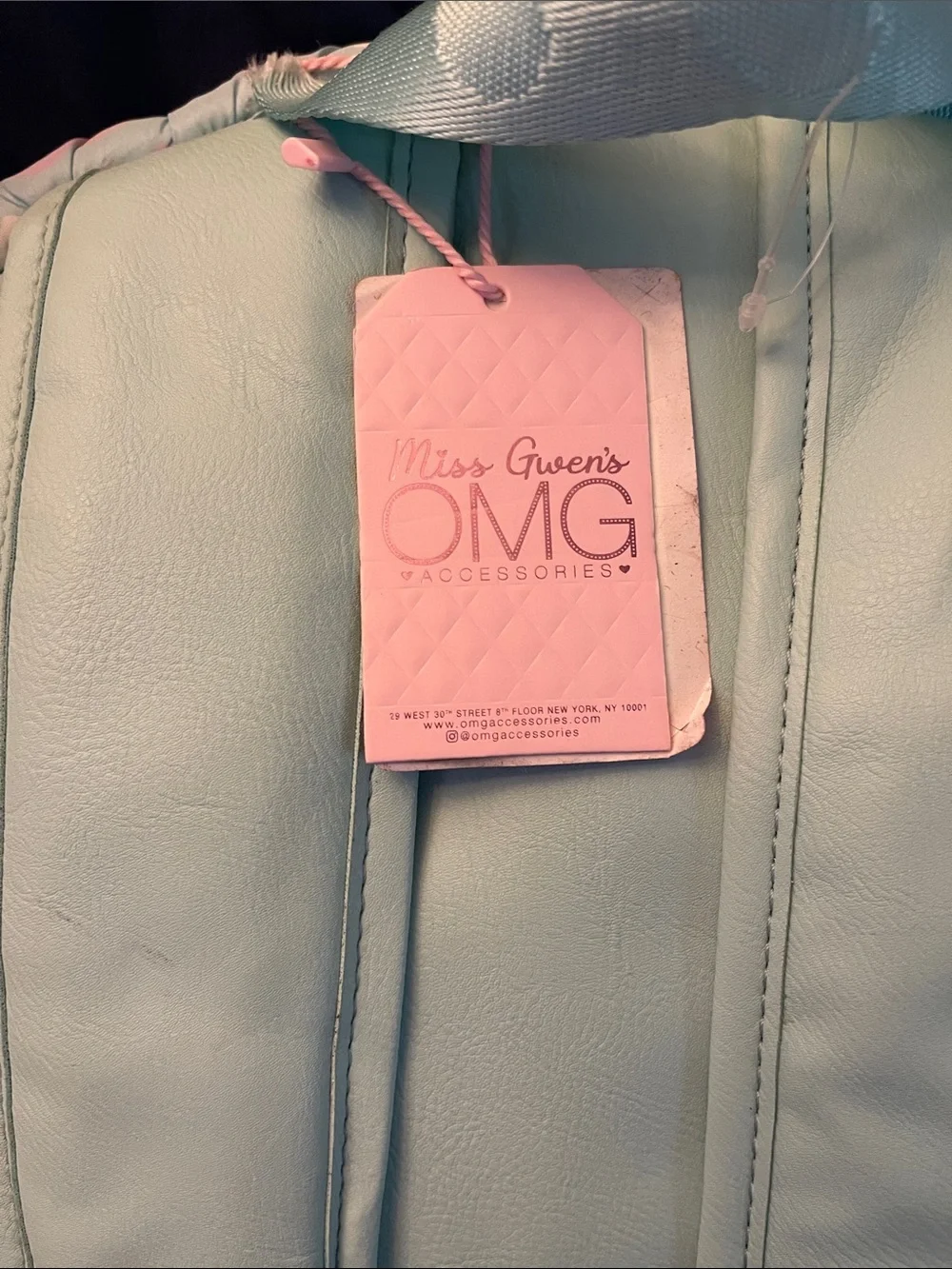 Quilted Mint Backpack with Pink Hearts & Pom Charm